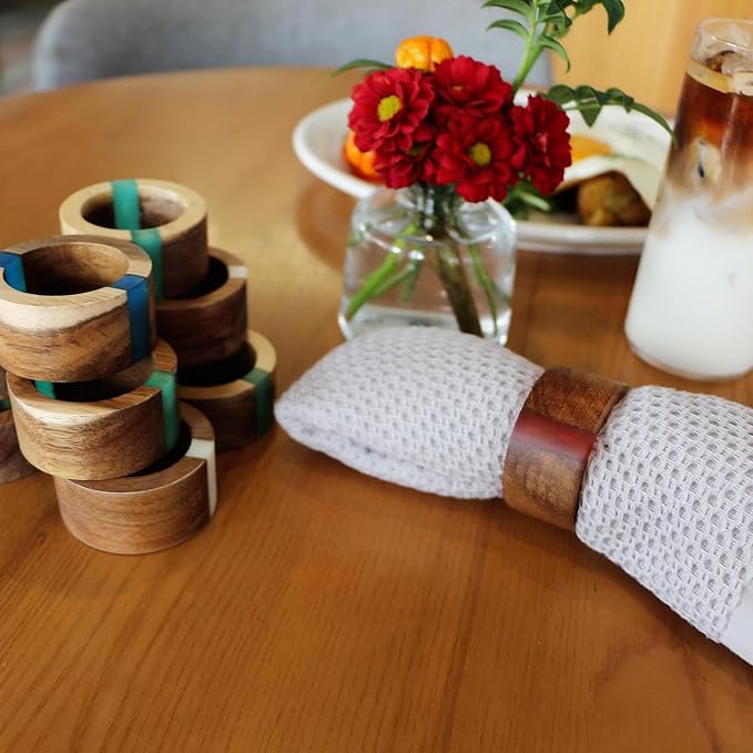 Wooden Napkin Rings Set of 8 for Christmas Dinning Table Decor - Acacia Wood Resin Napkin Holder Napkin Ring for Home and Kitchen Décor (Red Round Shape)