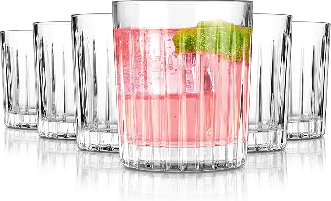 Royalrose Premium VertiLine 10 oz Highball Glasses, 6pc Tall Glass Sets. Lead-Free Crystal Drinking Glasses. Water Glasses, Mojito Glass Cups, and Mixed Drink Cocktail Glass Set. (Short glasses)