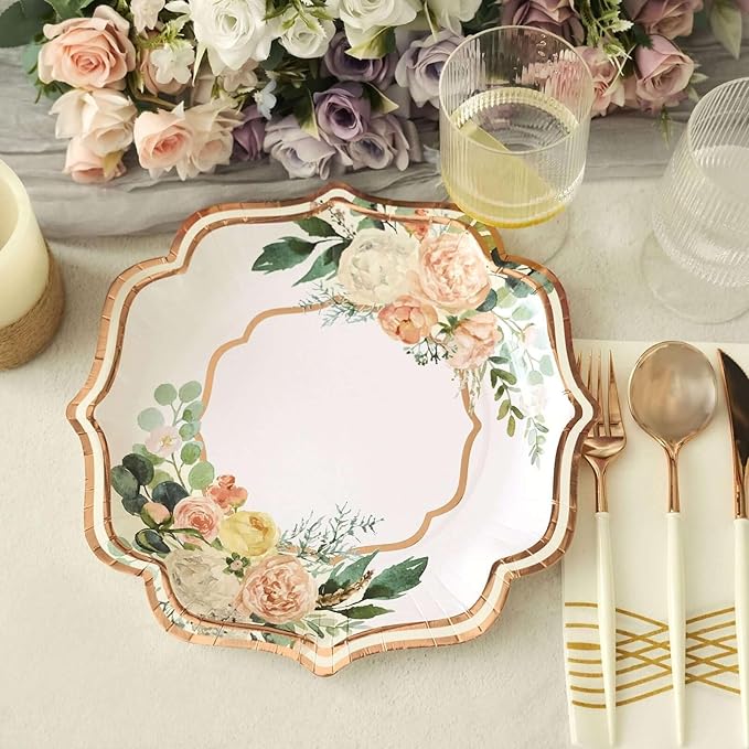 50 Pack 10" White/Rose Gold Floral Print Scallop Rim Dinner Plates, Disposable Round Paper Party Plates 300 GSM for Festive Table Decoration
