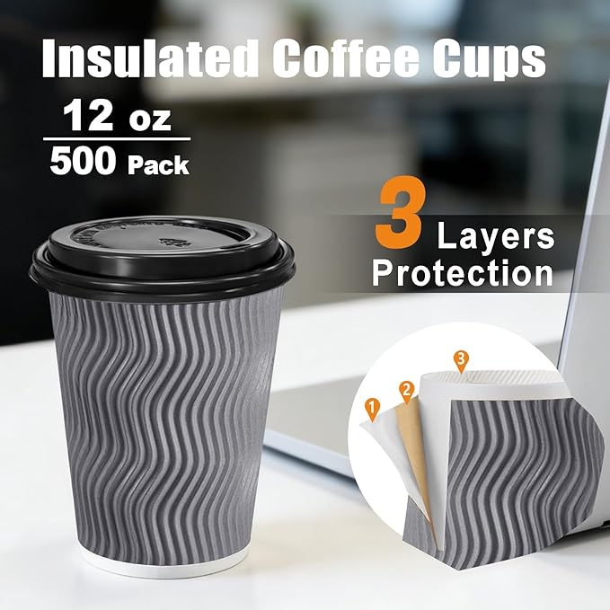 500 Pack 12 oz Coffee Cups with Lids, Disposable Insulated Hot Cups To Go Paper Coffee Cups, Corrugated Ripple Wall Cup for Hot Drink, Office, Coffee Bar (Grey 12 oz)