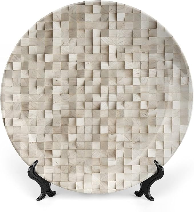 Ceramic Display Plate, Abstract Ceramic Hanging Decorative Plate, Wooden Cubes Print, 6 Inch, Household Custom Ceramic Plate, Tan