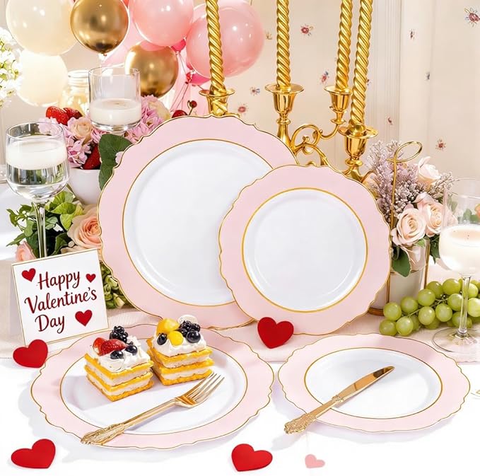 WDF 60pcs Pink Dessert Plates - 7.5inch Baroque Pink &White Disposable Dessert/Appetizer Small Cute Cake Plates for Upscale Parties &Wedding-Special for Baby Shower, Brithday, Valentine's Day