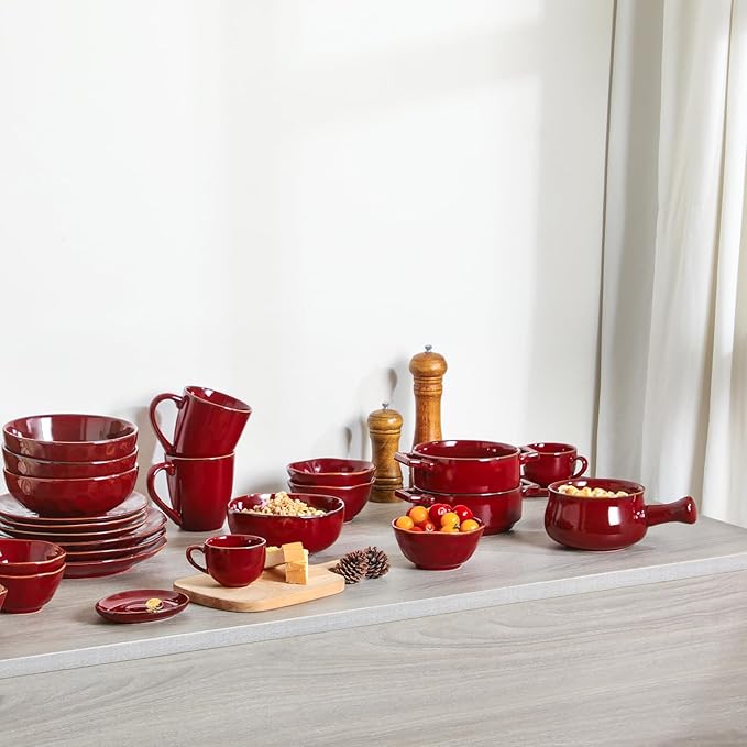 vicrays Ceramic Soup Bowls with Handles, 24 Oz Porcelain Soup Crocks for French Onion Soup, Cereal, Beef Stew, Chill, Pasta, Pot Pies, Microwave and Oven Safe, Set of 4 (Cherry Red)