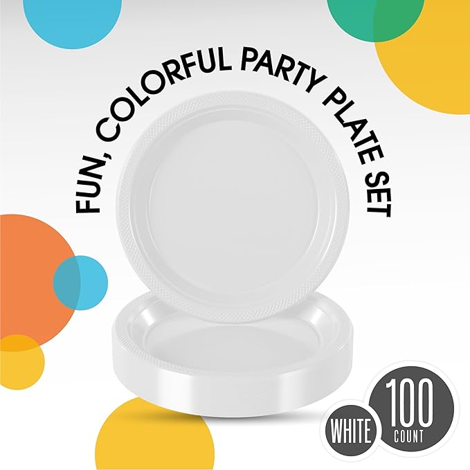White Plastic Plates For Party 9" White Disposable Plates Heavy Duty 100 Pcs Plastic Dinnerware Sets Heavy Duty 350 GSM Disposable Dinnerware Set