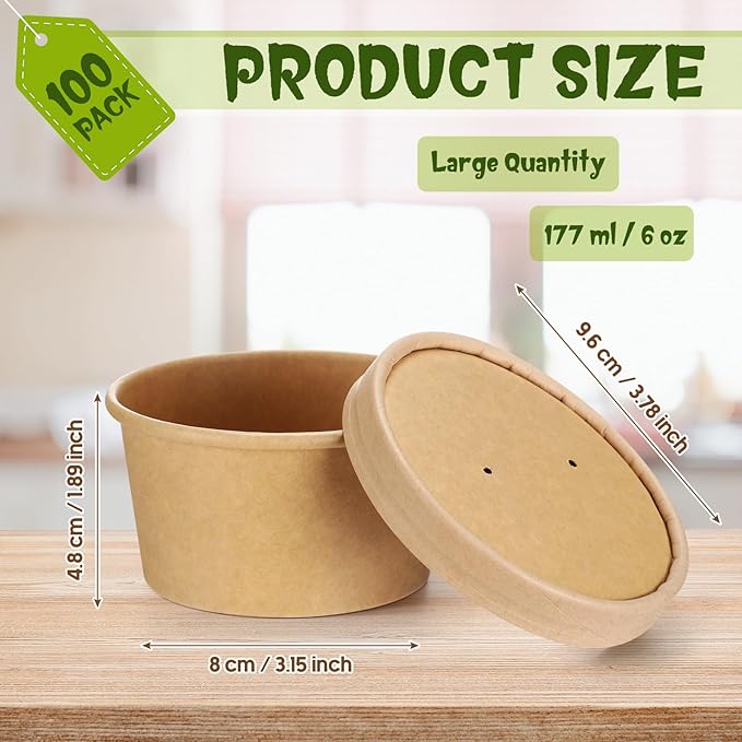 Fulmoon 100 Pack Paper Soup Containers with Lids Disposable Paper Food Containers with Vented Lid Kraft Ice Cream Cake Dessert Cups Soup Bowl for Party Hot Food Fruit Microwave(6 oz,Brown)
