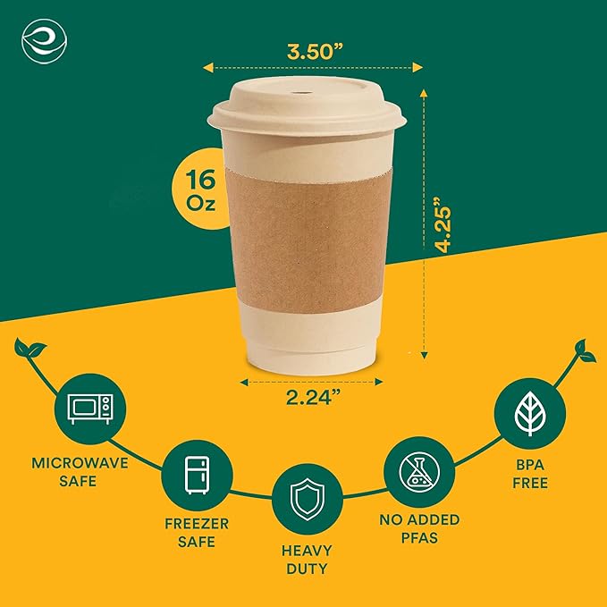 ECO SOUL 50 Pack 16 oz Disposable Coffee Cups with Lids & Sleeves Eco-Friendly, Biodegradable, Compostable, Leak-free & Sturdy To Go Hot Drink Cup for Tea, Chocolate Party Travel Cafe Office & Home