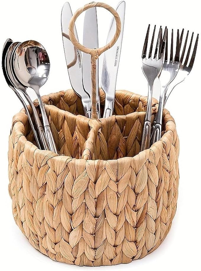 Wicker Flatware Organizer Water Hyacinth Cutlery Holder for Forks Party