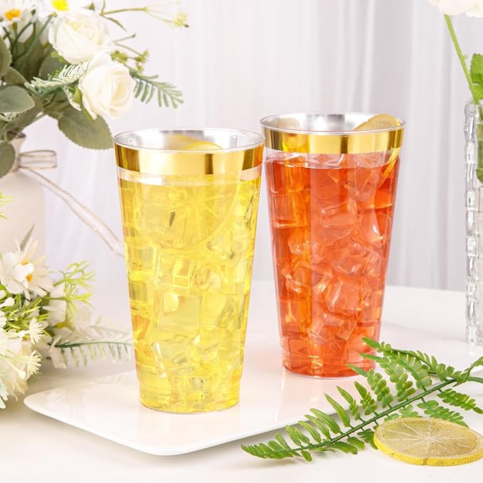 I00000 16 oz Gold Plastic Cups, 50 Pack Clear Plastic Cups Tumblers Gold Rimmed Disposable Cup, Heavy-duty Disposable Cup Perfect for Birthday, Wedding & Party
