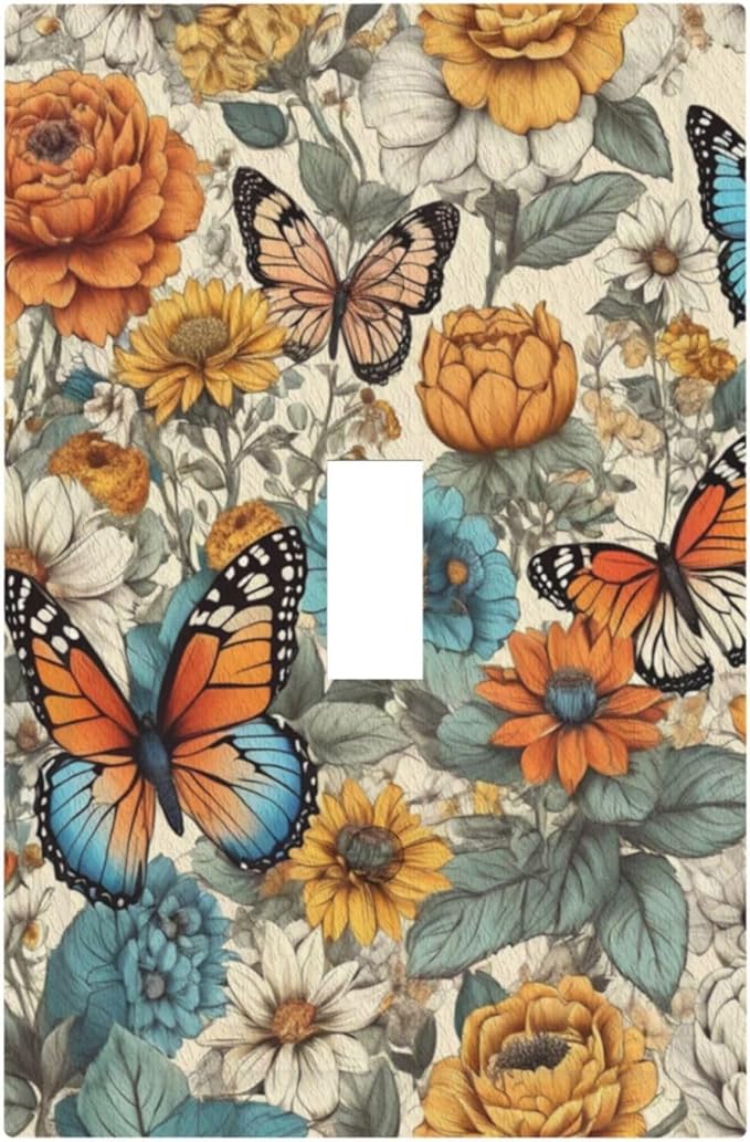 Decorative Light Switch Cover Vintage Colorful Floral Butterfly Flowers 1 Gang Wall Plate Cover Single Toggle Outlet Covers Switchplate Electrical Faceplate for Bathroom Bedroom Decor（2 Pack）