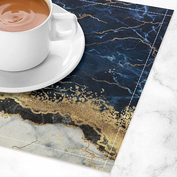 Marble Linen Placemats Set of 4, Modern Luxury Foil Cracked Texture Navy Blue Gold Marble Washable Place Mats, Non Slip Placemat for Home Party Dining Tables Wedding Kitchen Banquets Decor 12x17 Inch