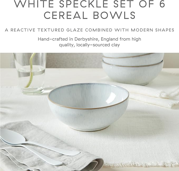 Denby - White Speckle Cereal Bowls Set of 6-27.7oz Dishwasher Microwave Safe - Scratch Chip Resistant - Reactive White Glaze, Neutral, Ceramic Stoneware - Tableware for Oats, Cereal, Desserts
