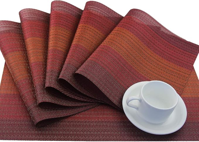 Placemats Washable Easy to Clean PVC Placemat for Kitchen Table Heat-resistand Woven Vinyl Hard Table Mats 12x18 inches Set of 4 (Red)