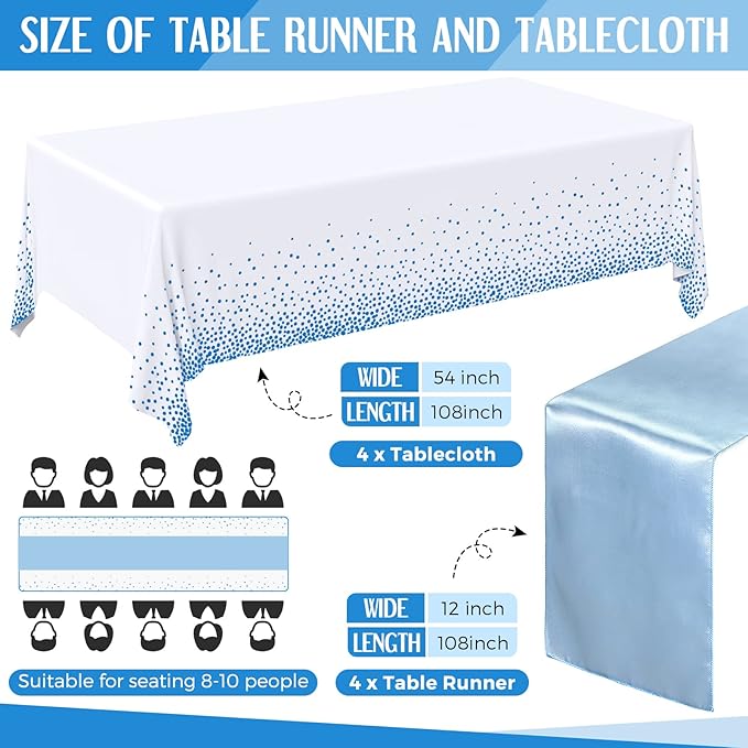 Breling 8 Pack Winter Baby Blue and White Disposable Plastic Tablecloths and Satin Table Runner Set, 54 x 108 Inch Tablecloth, 12 x 108 Inch Table Runners for Wedding Birthday Baby Shower New Year
