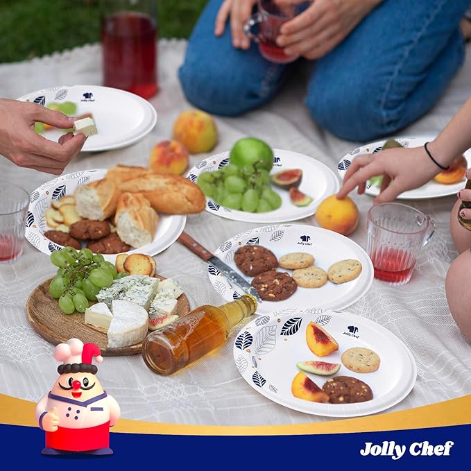 JOLLY CHEF 140 Count Paper Plates 10 inch Soak Proof, Cut Proof, Heavy Duty Leaf Printed Disposable Paper Plates for Everyday Use