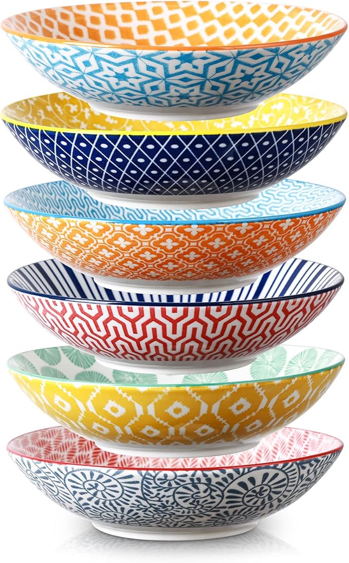 Selamica Porcelain 40oz Large Bowls 9 inch Big Pasta Salad Bowls, Microwave and Oven Safe, Colorful, Set of 6