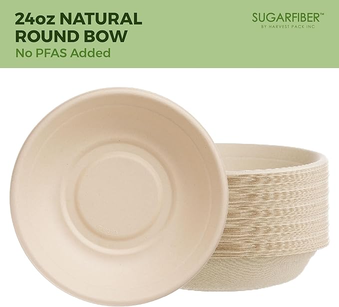 [50 COUNT]Harvest Pack PFAS FREE 24oz Compostable Bowls - Paper Round Heavy-Duty Eco-Friendly Disposable Bagasse Bowl, sugarcane made plant fibers for Meal Prep