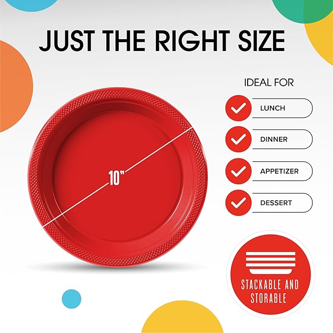 Red Plastic Plates For Party 10" Red Disposable Plates Heavy Duty 100 Pcs Plastic Dinnerware Sets Heavy Duty 350 GSM Disposable Dinnerware Set