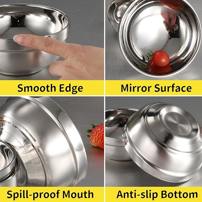 6 Pack 18/8 Stainless Steel Bowl, Double Walled Insulated Soup Bowls, 12 Oz Metal Serving Dishes Unbreakable Snack Bowl for Sauces, Rice, Noodle, Ice Cream