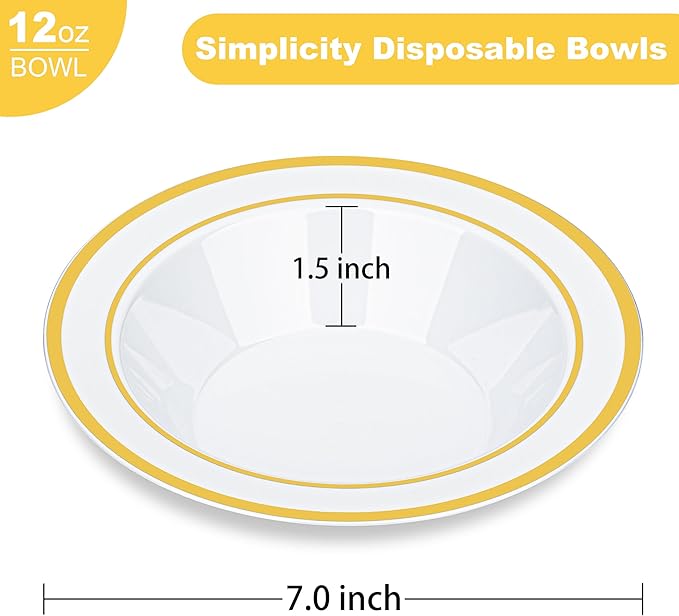 BESTVIP 100 Pack Plastic Bowls with Gold Rim, 12 oz Disposable Soup Bowls, Heavy-duty Dessert Salad Bowl for Party, Wedding, Christmas, Dinner, Catering