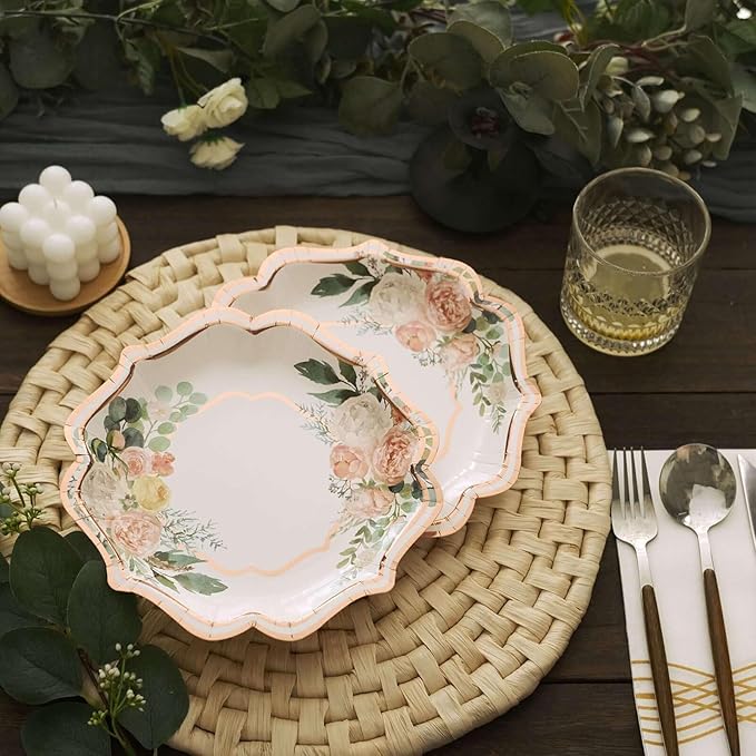 50 Pack 8" White/Rose Gold Floral Print Scallop Rim Dessert Plates, Disposable Round Paper Appetizer Salad Plates 300 GSM for Party Decoration