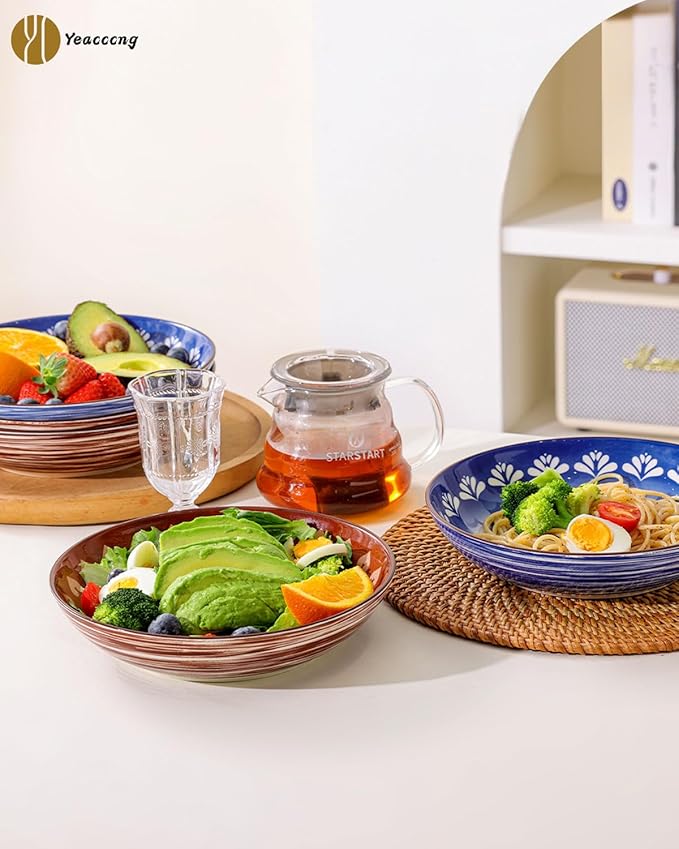 Yeacccng Pasta Bowls Set of 6, 35 Oz Ceramic Large Salad Bowl, 8.5 Inch Colorful Serving Bowls for Kitchen, Dishwasher & Microwave Safe, Scratch-Resistant, Lead-Free (Blue*6)