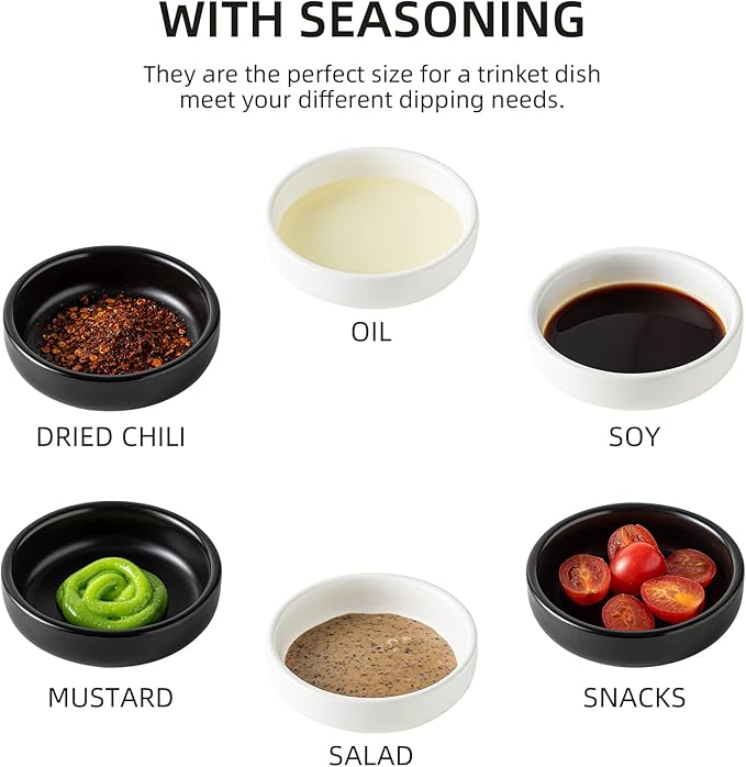 Dipping Bowls Set, Ceramic Sauce Dishes, 2 oz Soy Sauce Dish, Side Bowls, Small Bowls for BBQ, Condiments, Appetizer, Dessert, Sushi, Set of 6 (White)