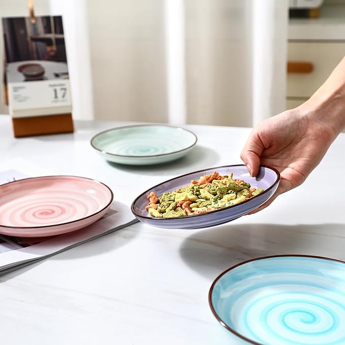 Selamica Ceramic Cat Bowls, 6 Inch Cat Food Bowl Whisker Friendly, Shallow Wide Kitten Plates for Food and Water, Set of 4, Gradient Colors