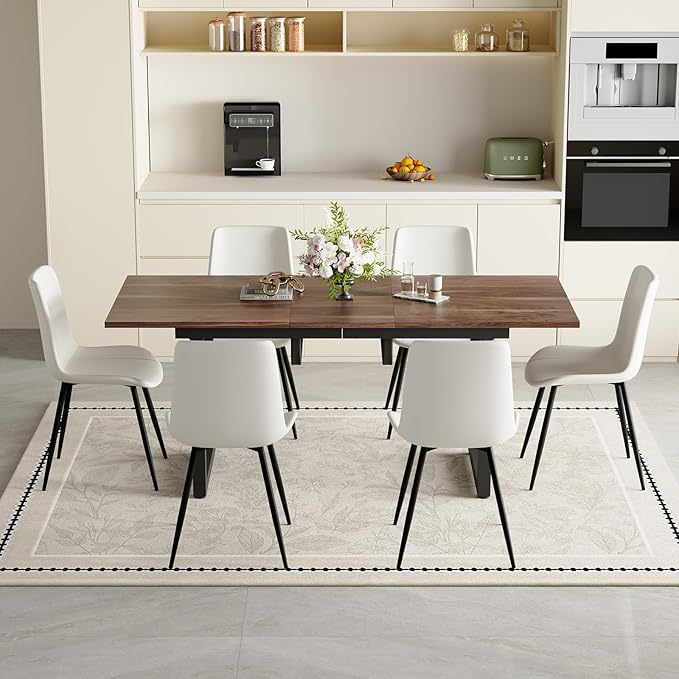 Extendable Dining Table Set for 6, 55"–71" Modern Wood Kitchen Table with 6 Upholstered Chairs, Space-Saving for Living Room Apartment, Sturdy & Comfortable, Easy Assembly