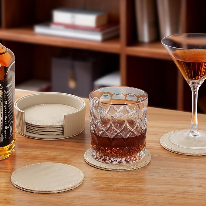 6 Pcs Premium Leather Coasters with Holder, Tabletop Protection, Coffee Table & Bar Decoration, Modern-Style Drink Coasters Suitable for Home Dining Tables & Kitchen Accessories (Beige Stripe)