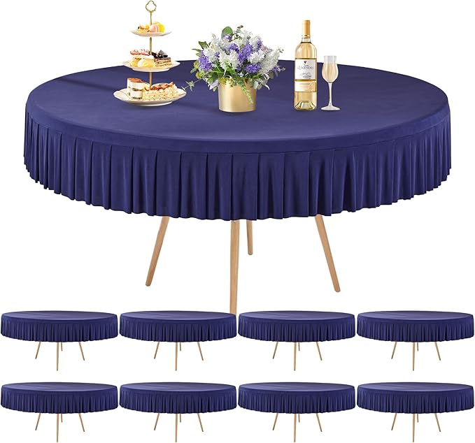 Wish Care 8 Pack Navy Blue Spandex Round Tablecloths, 72in Diameter, Wrinkle Free with Skirt for Wedding, Birthday, Banquet