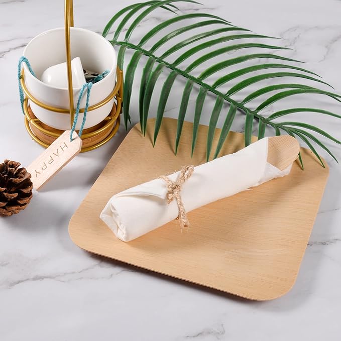 Pre Rolled Napkin and Bamboo Cutlery Set - 100Pack Bamboo Utensils/Compostable Cutlery(100 Forks, 100 Knives, 100 Spoons, 100 Napkins), Biodegradable Wrapped Cutlery for Party, Wedding, Events
