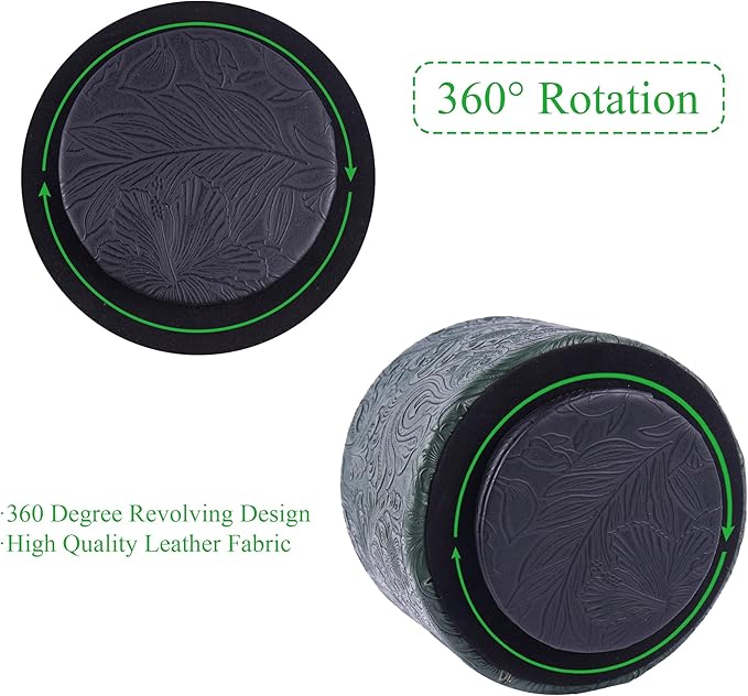 lizimandu Round Leather Art Supply Organizer,Remote Control Holder,360 Degree Spinning,Multi-Functional Pencil Holder,4 Compartments Desktop Stationary Organizer(1-Carved Cooper Green)