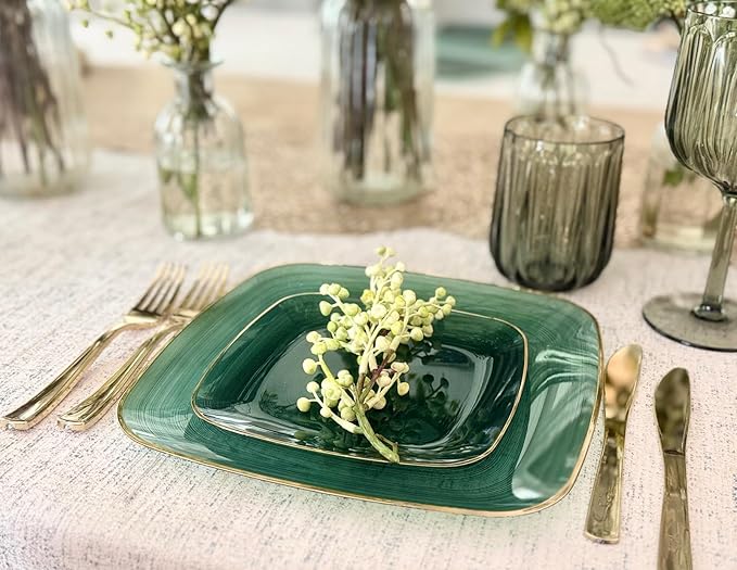 " OCCASIONS " 240 Pieces Pack,(120 Guests) Premium Wedding Party Disposable Plastic Plates Set -120 x 10'' Dinner + 120 x 7'' Salad/Dessert (Belize Square in Green & Gold)