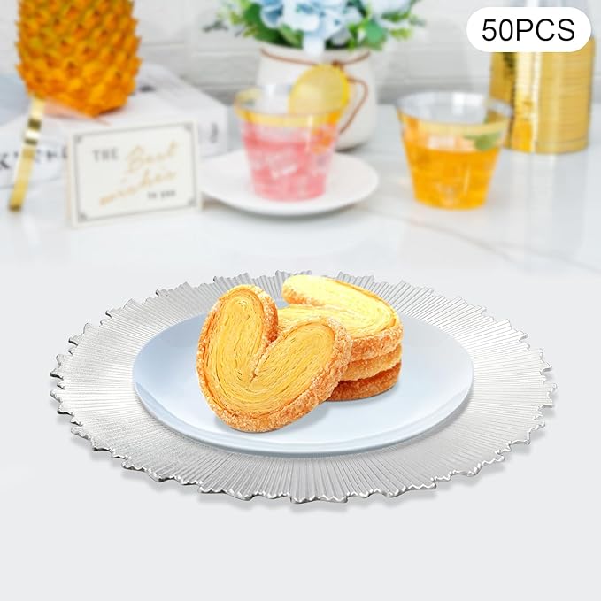 50 Pcs Antique Charger Plates Bulk, 13in Reusable Serving Plates Embossed Rim Plastic Party Dinner Plate Chargers Round Decorative Server Plate for Wedding Party Event Tableware