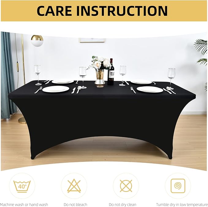 6-Pack 4ft Spandex Black Table Covers for Rectangular Folding Tables - Wrinkle Resistant Stretch Tight Table Cloths - Ultimate Fitted Table Protector for Parties, Trade Shows, and Wedding
