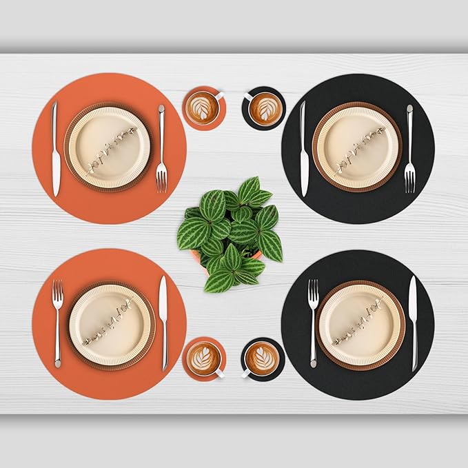 Myir JUN Round Placemats Set of 4 Faux Leather Place Mats and Coasters 15 inch Round Table Mats Dual Sided Non-Slip Stain Resistant Placemats (Black & Orange, Set of 4)