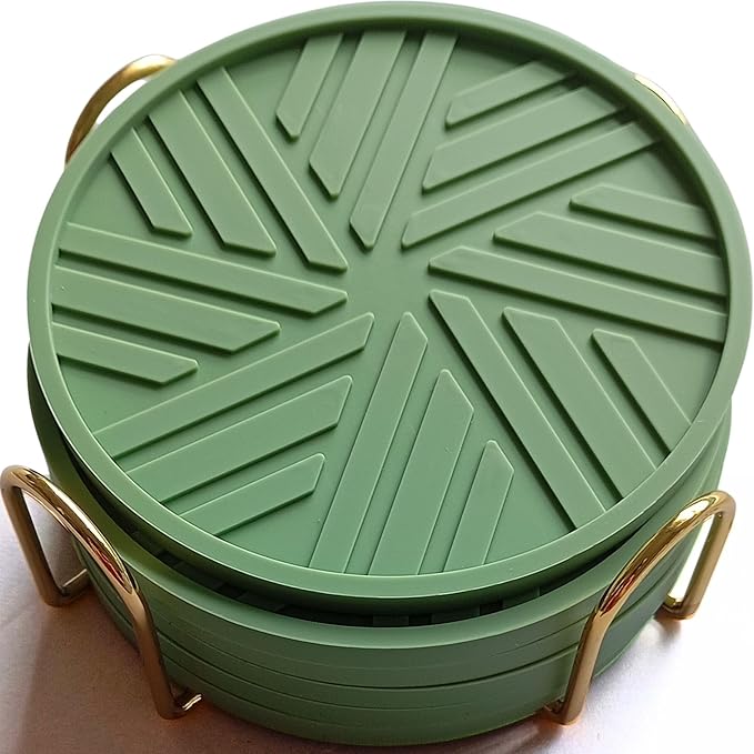 Silicone Coasters Set of 6 with Holder - Unique and Modern Pattern for Prevent Sticking from Cups Coffee Table, Home, Office, bar Decor, Sage Green