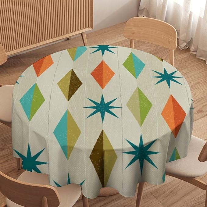 Mid Century Round Tablecloth, Modern Colorful Abstract Geometric Retro Art Printed Tablecloth for Home Party Dining Room Kitchen Decor 36Inch(90cm)