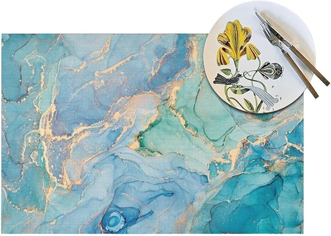 Teal Marble Placemats Set of 4 Turquoise Blue Gold Natural Luxury Abstract Fluid Wipeable Table Mats Reusable Washable PVC Rectangle Place Mats for Kitchen Dining Home Decor 12x18 Inches