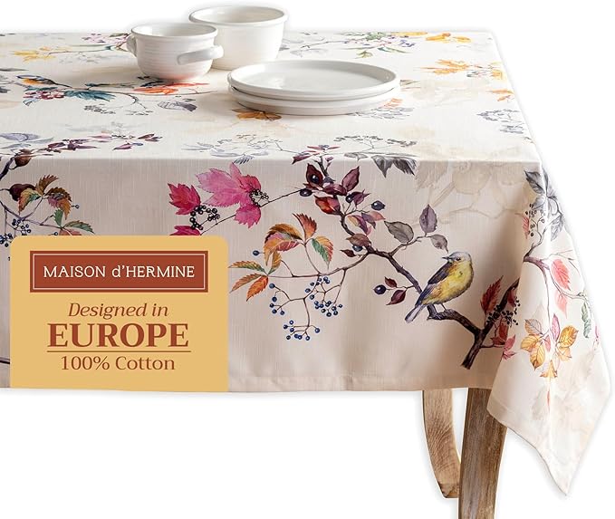 Maison d' Hermine Table Cloth Rectangle Table 100% Cotton 60 x 120 Inches Fall Tablecloth Reusable Everyday Use for Thanksgiving Christmas Decorations Dining Farmhouse Party (Equinoxe - Beige)