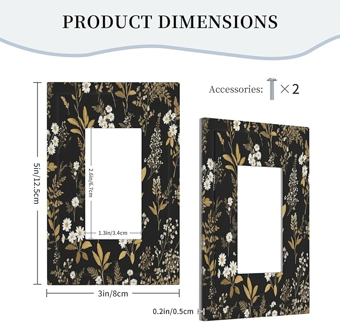 Outlet Covers Black/Gold Boho Botanical Floral Rustic Flowers 1 Gang Wall Plate Single Rocker Light Switch Cover Decorative GFCI Receptacle Electrical Switchplate for Bathroom Kitchen（2 Pack）