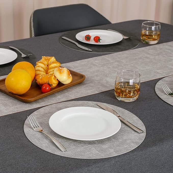 Myir JUN Reversible Vinyl Round Placemats Set of 6, Faux Leather Place Mats Dual Sided Waterproof Oilproof Wipeable, Heat-Resistant Table Mats for Kitchen Dining Indoor Outdoor (14", Light Gray Gray)