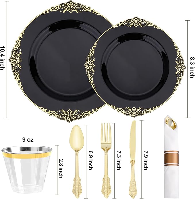 350 PCS Black and Gold Plastic Plates, Plastic Dinnerware Set for 50 Guests, 100 Disposable Plates, 150 Silverwares, 50 Cups, 50 Napkins for Party, Wedding, Graduation
