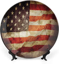 Decorative Plates, American Flag Print Ornament, Grunge Look Patriotic, 10 Inch, 1 Plate with 1 Display Stand, Multicolor
