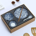 Gegong Blue and White Porcelain Dinnerware Set, Dishes, Bowl, Spoon, Chopsticks, Service for 1, Colorful Glazed Ceramic Set, Gift Box Packaging (Spring Sakura)
