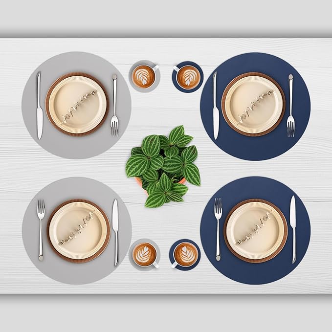 Myir JUN Round Placemats Set of 6 Faux Leather Place Mats and Coasters 15 inch Round Table Mats Dual Sided Non-Slip Stain Resistant Placemats (Light & Gray Blue, Set of 6)