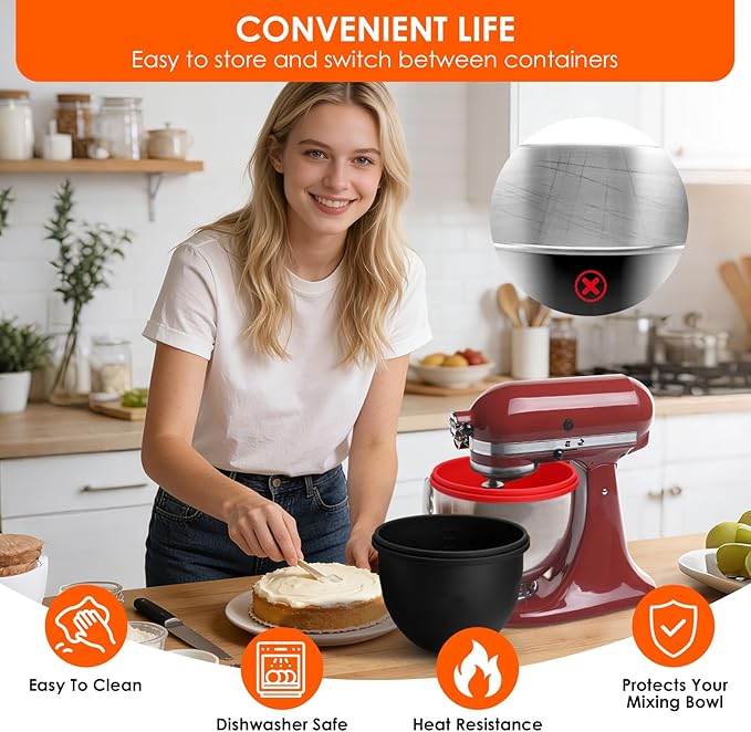 Silicone Mixing Bowl Liners Suitable for 5 Qt Tilt-Head Kitchen mixer, Non-Stick 5-Gallon Mixer Silicone Liner Set - Easy to Clean, Replacement Accessories Baking Cooking, 2 Liners + Lids Included