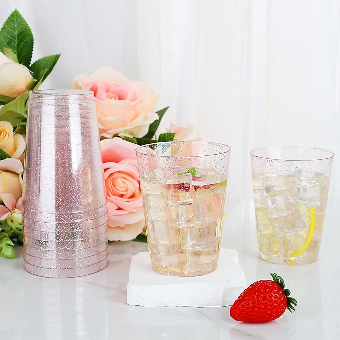 DaYammi 100 Pack 10oz Pink Plastic Cups, Premium Disposable Rose Gold Glitter Plastic Cups for Martini and Cocktail,Disposable Cup with Pink Glitter Perfect for Party Valentine's Day Mother's Day