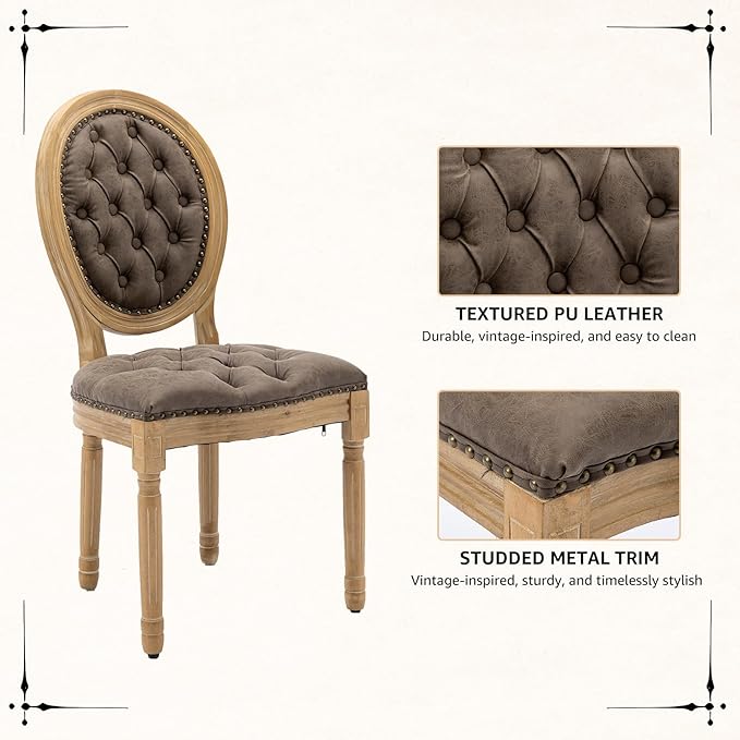 Vintage French Dining Chairs Set of 4, Round Back PU Leather Upholstered Accent Chairs with Nailhead Trim and Solid Wood Frame, Farmhouse Sillas de Comedor for Dining Room & Kitchen, Distressed Brown
