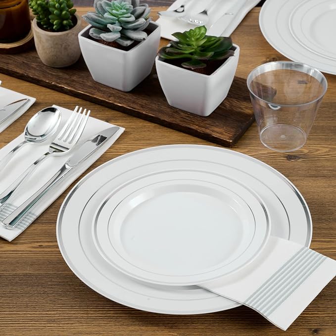 FOCUSLINE Silver Plastic Plates Set of 60, Disposable Plates with Silver Rim 30 Dinner Plates 10" and 30 Salad Dessert Appetizer Plate 7", Elegant Fancy Heavy Duty Wedding Party Plates
